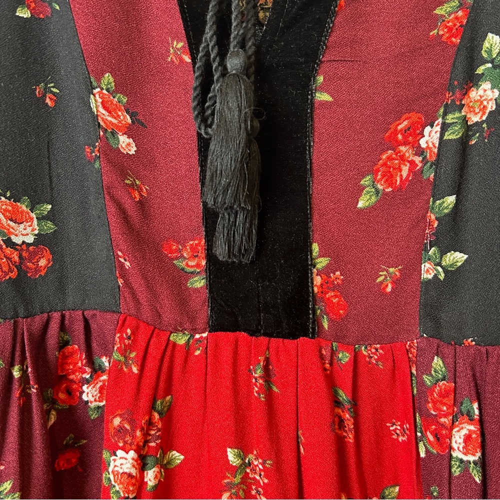 Style & Co. Floral Patchwork Red Black Peasant Whimsygoth Blouse w/ Velvet - Picture 7 of 11
